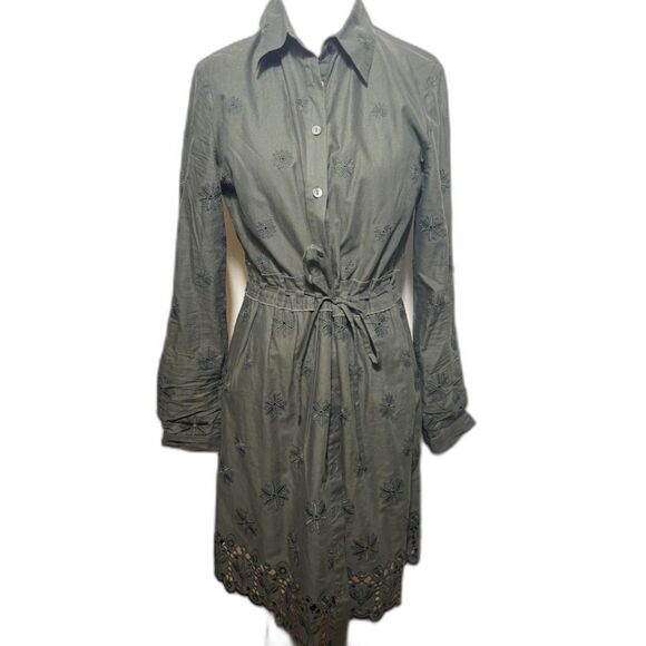 Diane Von Furstenburg Ivanka Dress Eyelet Mini Shirtdress Poplin 4 Olive Green - Picture 2 of 4